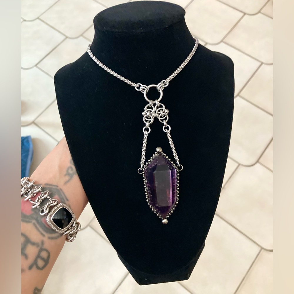 Natural big purple amethyst crystal gemstone boho goth maille steel necklace - Picture 12 of 16